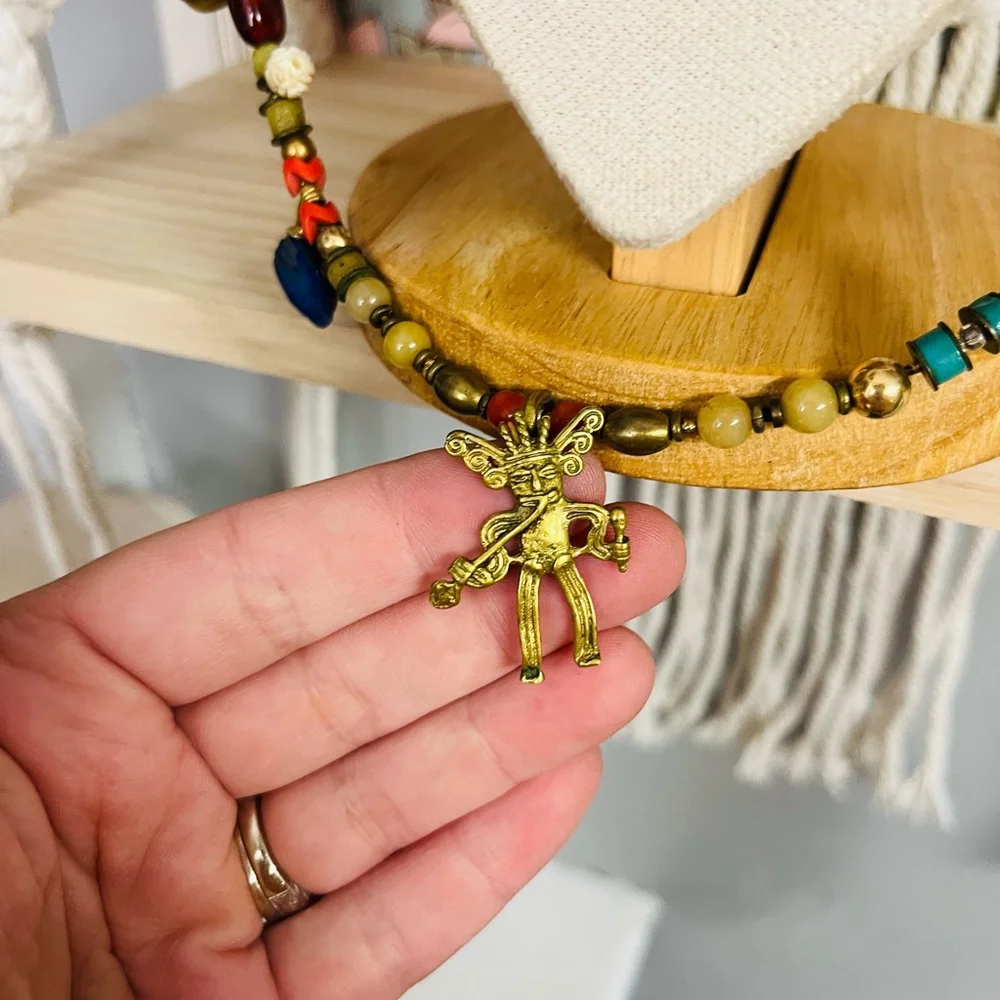 Vintage Tribal Prayer Necklace‎ | Gemstone Beads Brass Pendant | India